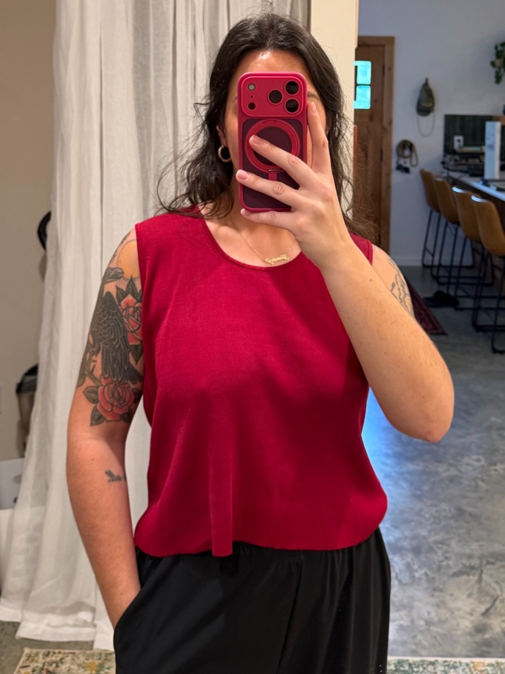 Sleeveless Silk Red Knit Tank Top